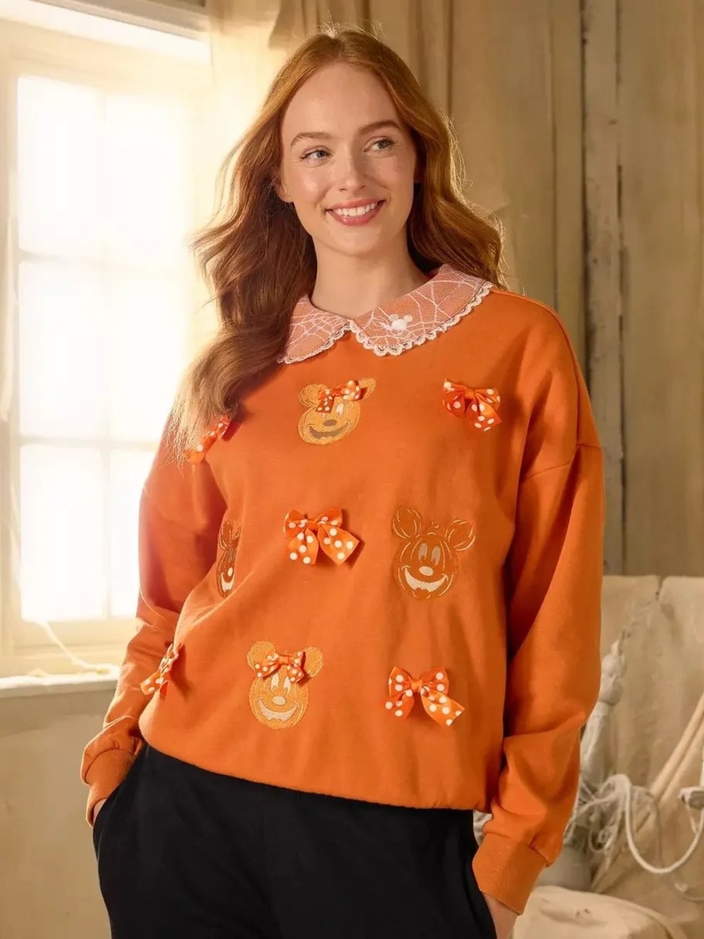 Disney Orange Crewneck Sweatshirt with Lace Collar and Bow Appliques